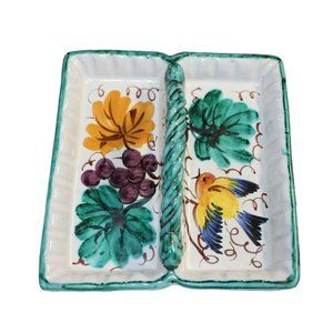 Vintage Teal Divided Dish with Bird Grapes Leaves Marked PV Italy
